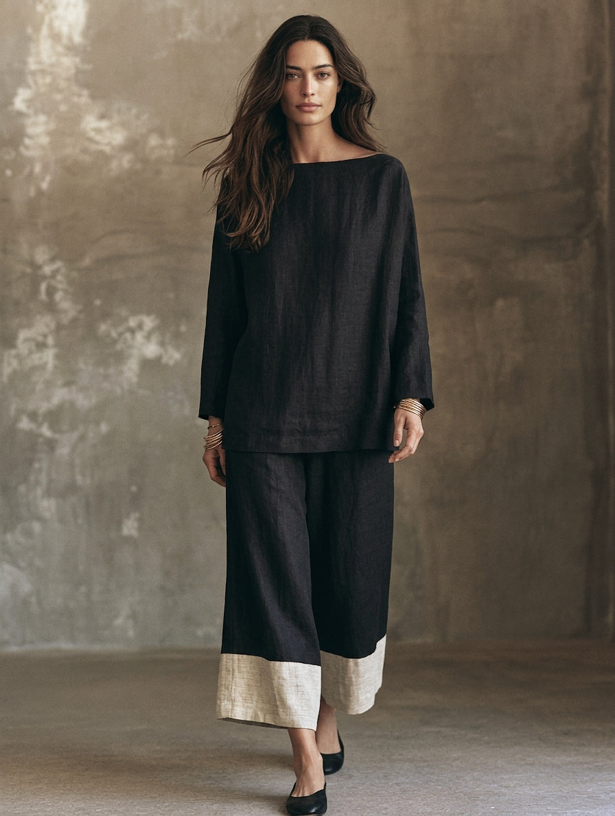 Manuela — Completo due pezzi in cotone e lino con pantaloni nero e bianco