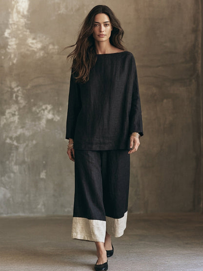 Manuela — Completo due pezzi in cotone e lino con pantaloni nero e bianco