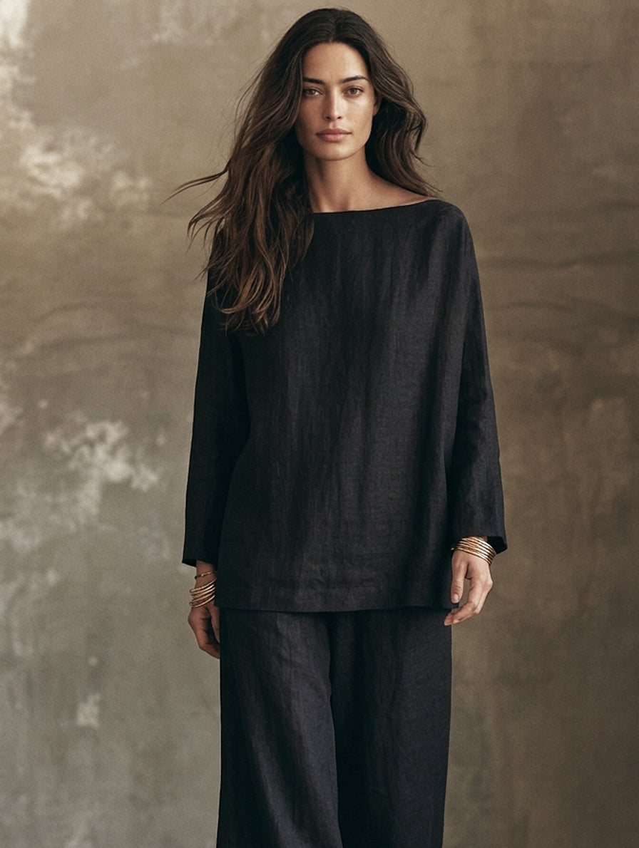 Manuela — Completo due pezzi in cotone e lino con pantaloni nero e bianco