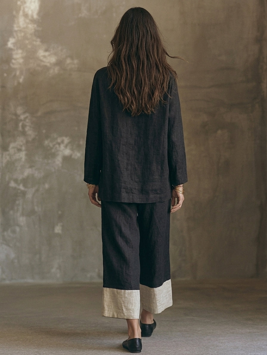 Manuela — Completo due pezzi in cotone e lino con pantaloni nero e bianco