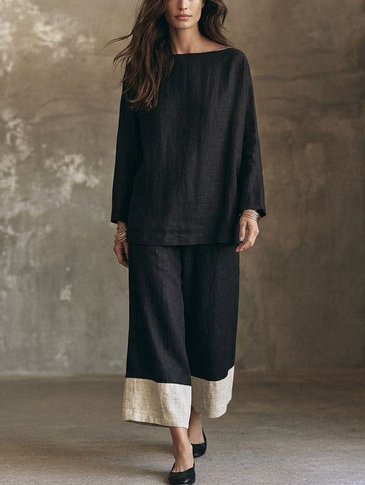 Manuela — Completo due pezzi in cotone e lino con pantaloni nero e bianco