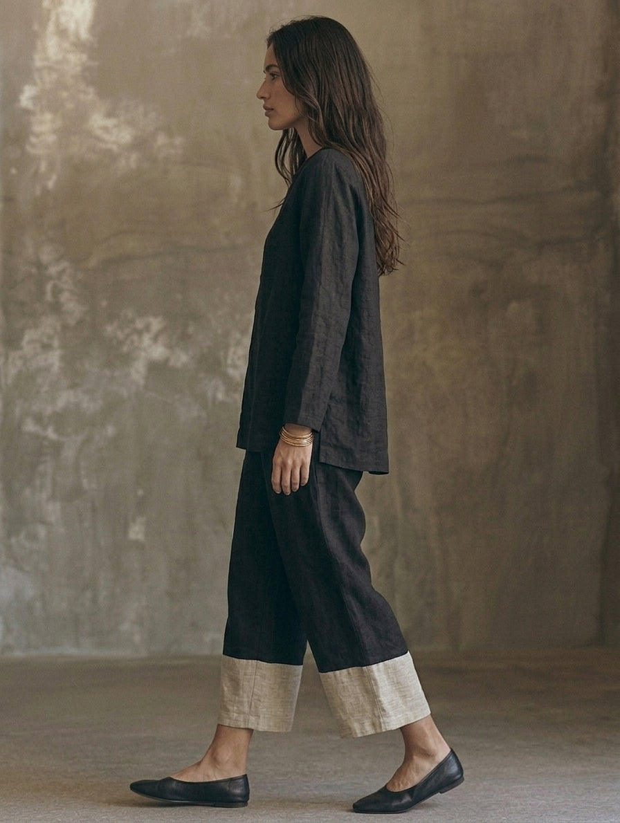 Manuela — Completo due pezzi in cotone e lino con pantaloni nero e bianco