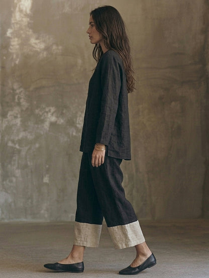Manuela — Completo due pezzi in cotone e lino con pantaloni nero e bianco