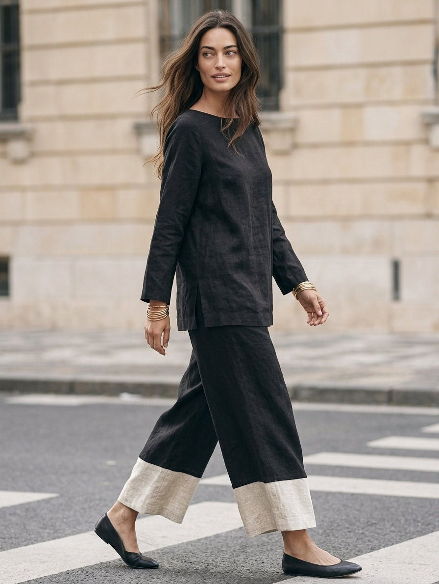 Manuela — Completo due pezzi in cotone e lino con pantaloni nero e bianco