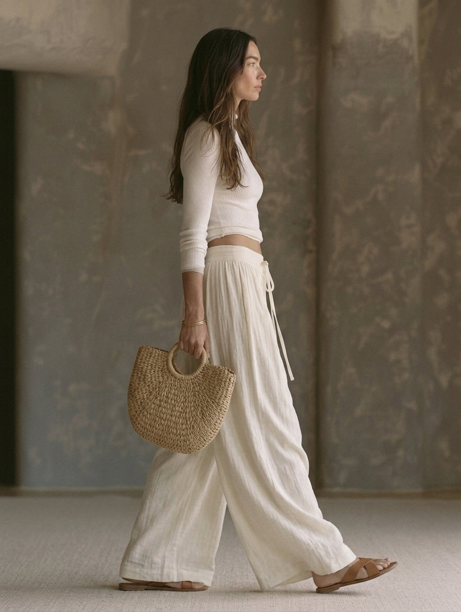 Maddalena — Completo due pezzi in cotone e lino con pantaloni beige