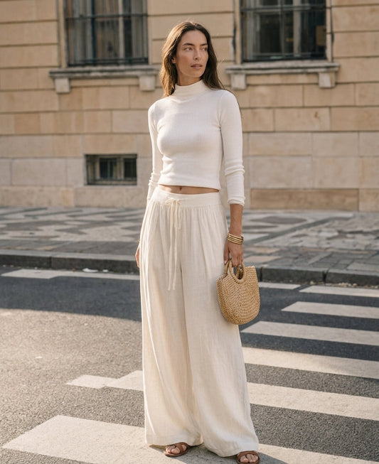 Maddalena — Completo due pezzi in cotone e lino con pantaloni beige