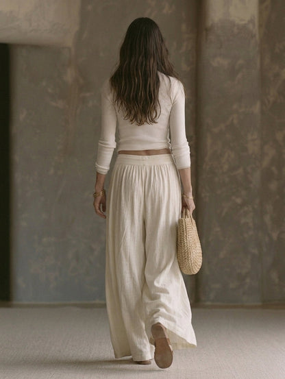 Maddalena — Completo due pezzi in cotone e lino con pantaloni beige