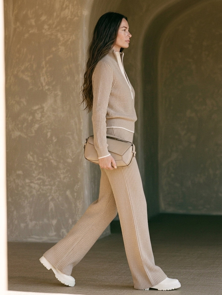 Mafalda — Completo due pezzi in maglia con pantaloni kaki