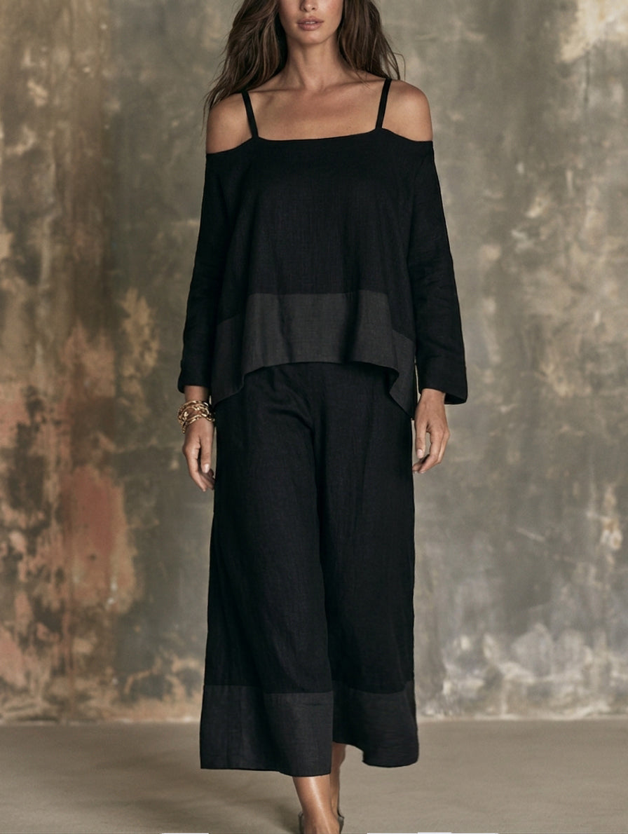 Marta — Completo due pezzi in cotone e lino con pantaloni nero