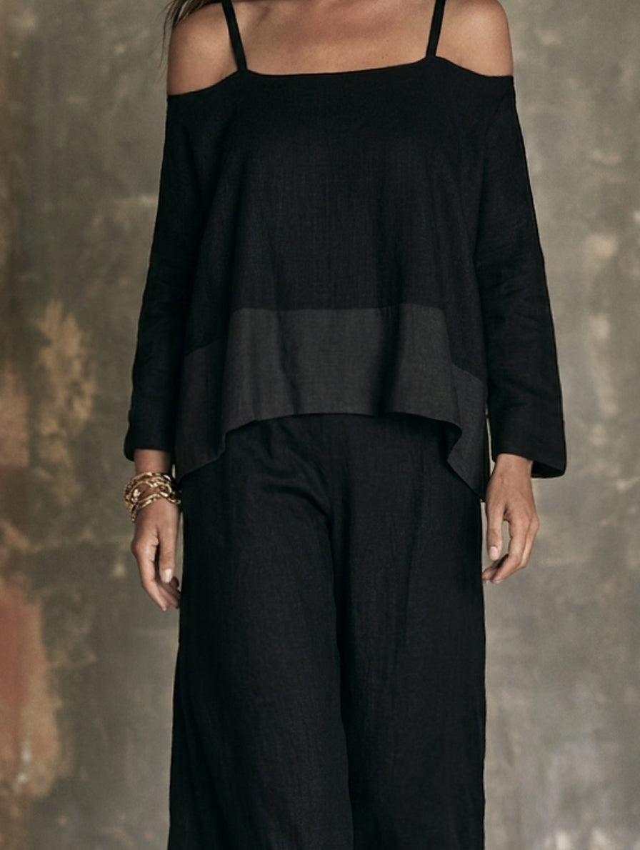 Marta — Completo due pezzi in cotone e lino con pantaloni nero