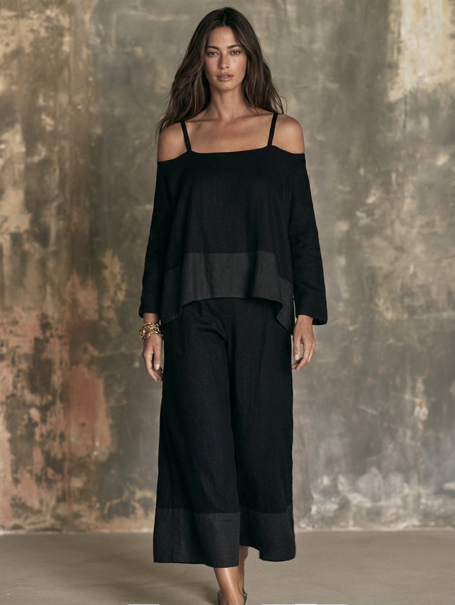 Marta — Completo due pezzi in cotone e lino con pantaloni nero