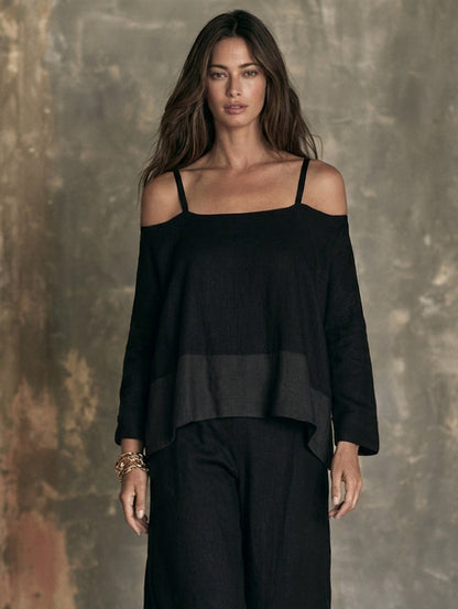 Marta — Completo due pezzi in cotone e lino con pantaloni nero