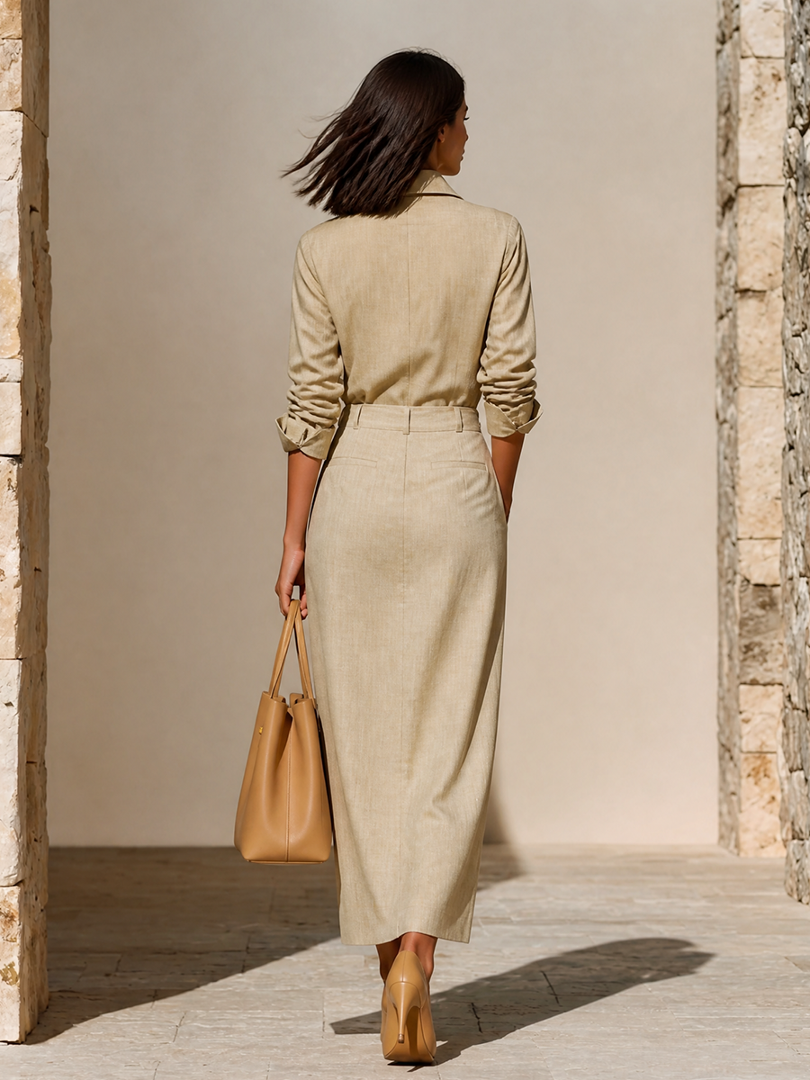 Marisa — Completo due pezzi in lino con gonna beige