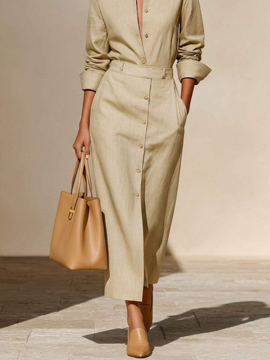 Marisa — Completo due pezzi in lino con gonna beige