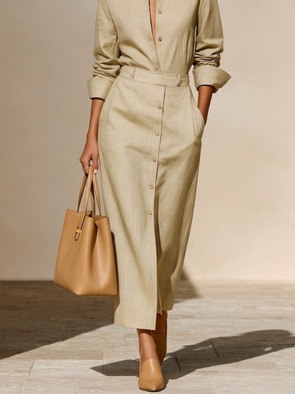 Marisa — Completo due pezzi in lino con gonna beige