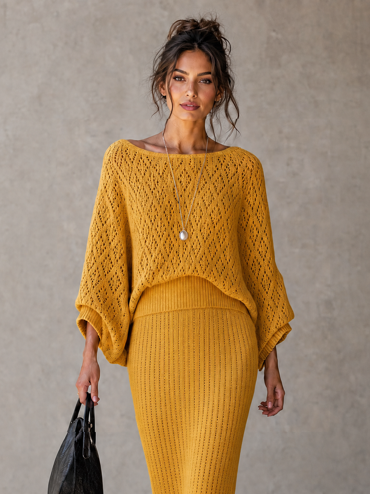 Natalia — Completo due pezzi in maglia con gonna giallo