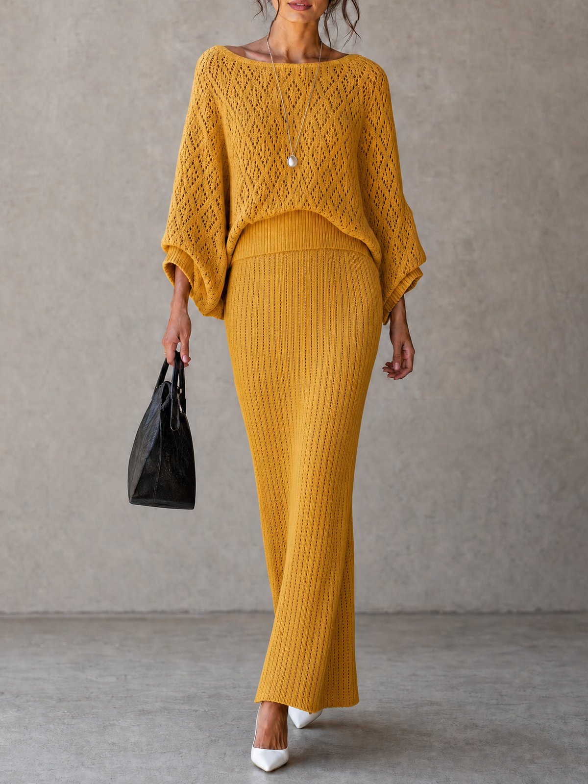 Natalia — Completo due pezzi in maglia con gonna giallo