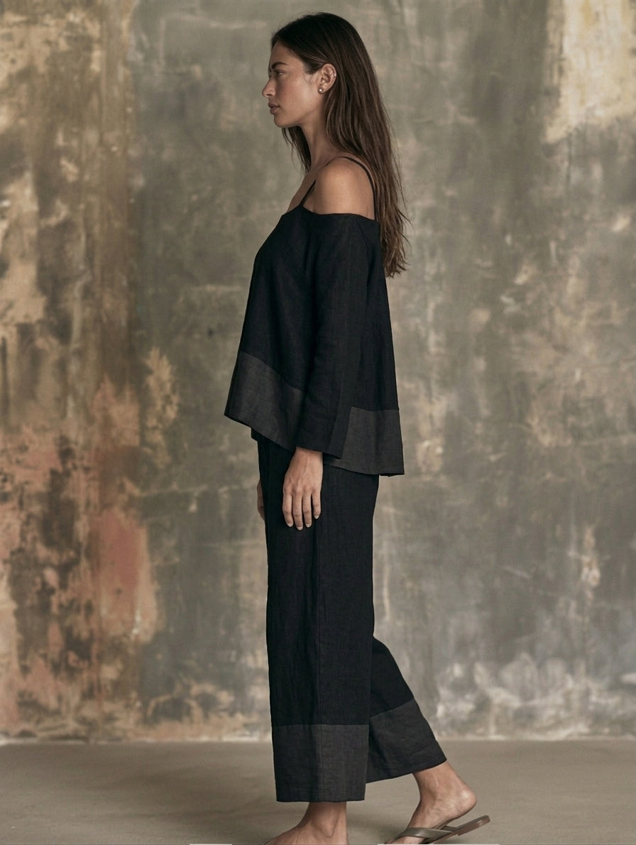 Marta — Completo due pezzi in cotone e lino con pantaloni nero