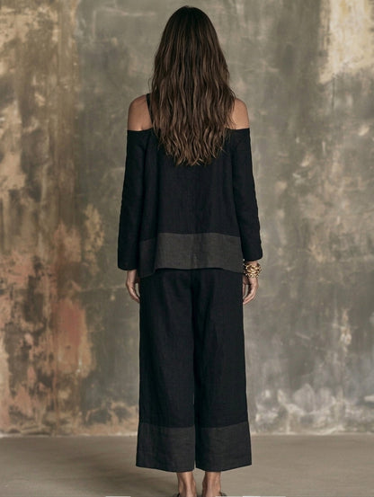 Marta — Completo due pezzi in cotone e lino con pantaloni nero