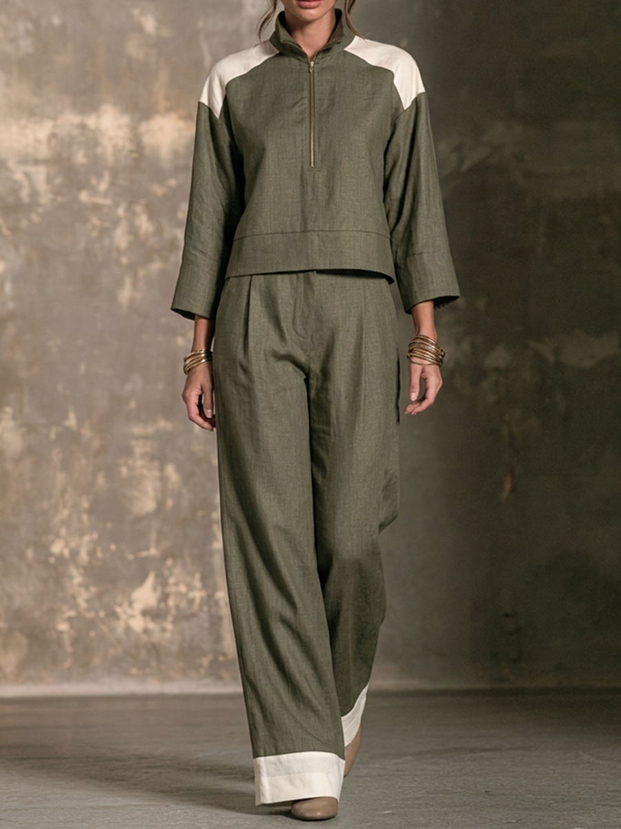 Milena — Completo due pezzi in lino color block verde