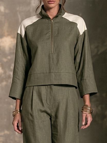 Milena — Completo due pezzi in lino color block verde