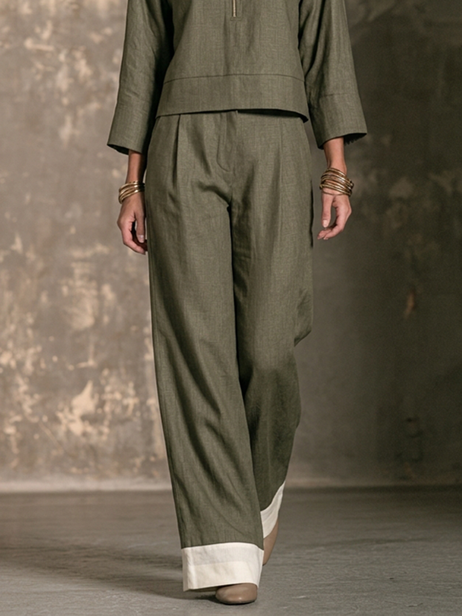 Milena — Completo due pezzi in lino color block verde