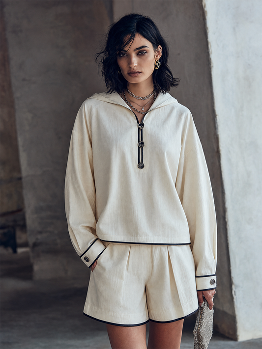 Michela — Completo due pezzi in cotone plissettato bianco