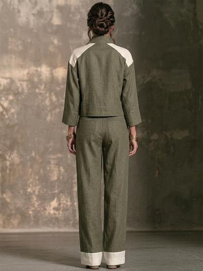 Milena — Completo due pezzi in lino color block verde