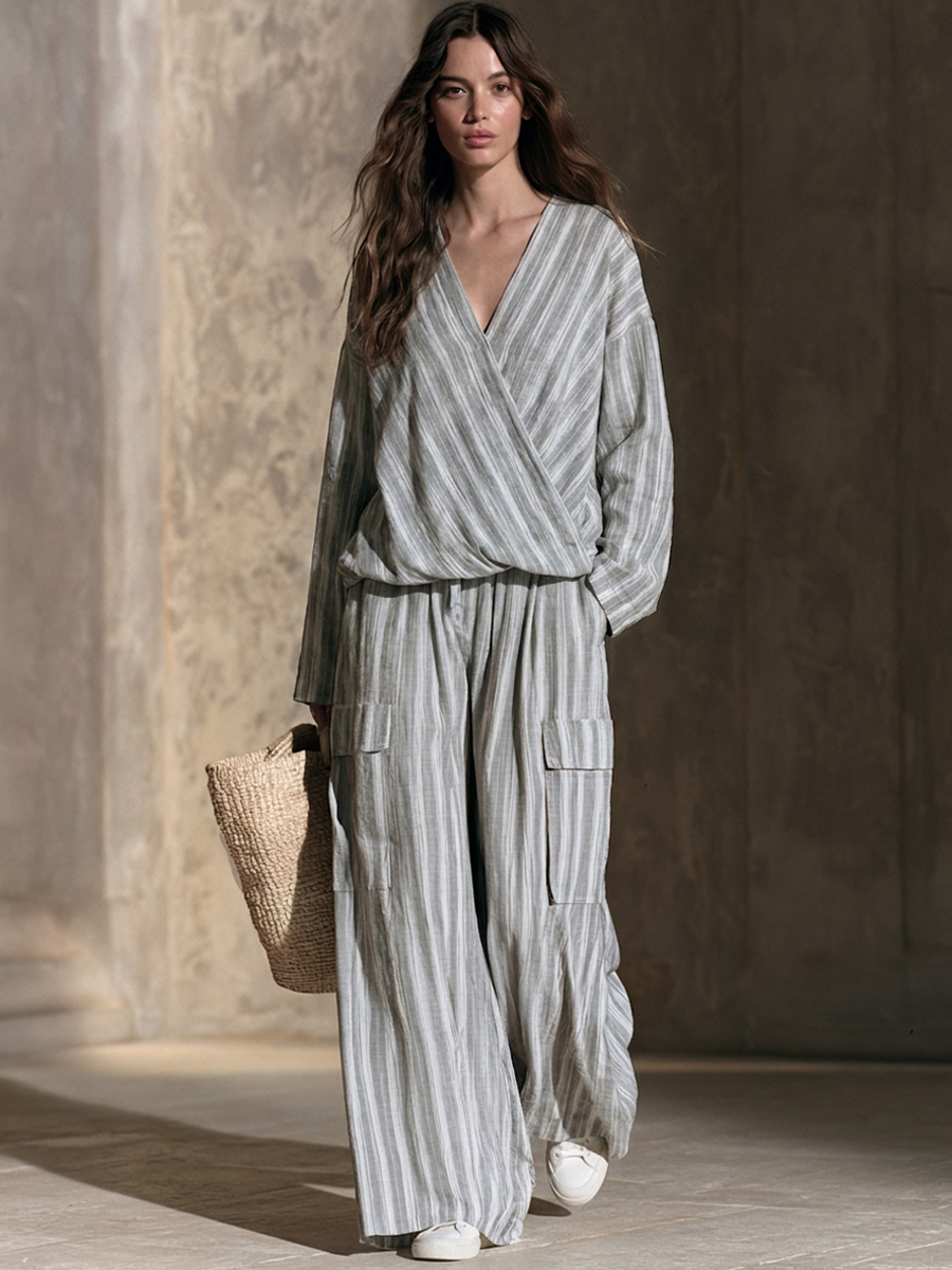 Miriam — Completo due pezzi in cotone e lino a righe grigio