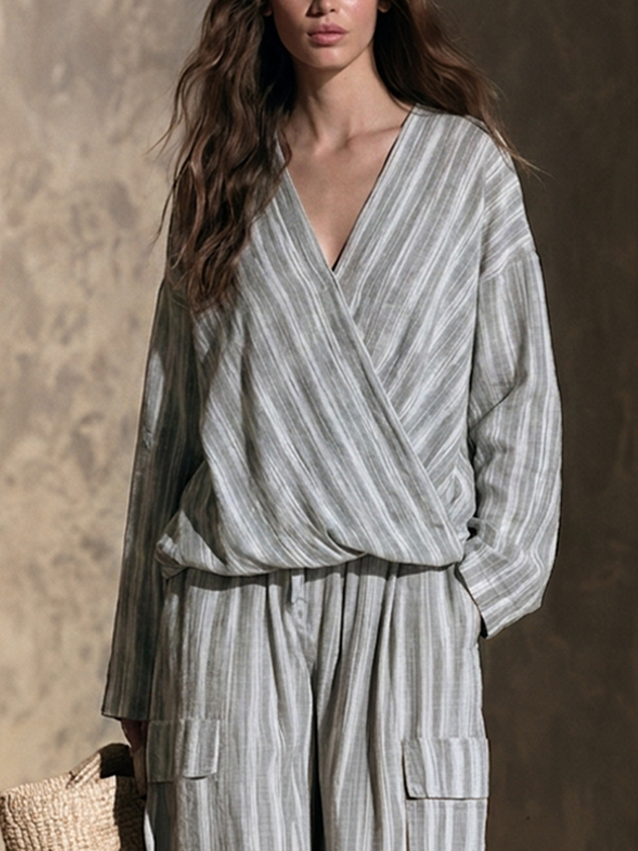 Miriam — Completo due pezzi in cotone e lino a righe grigio