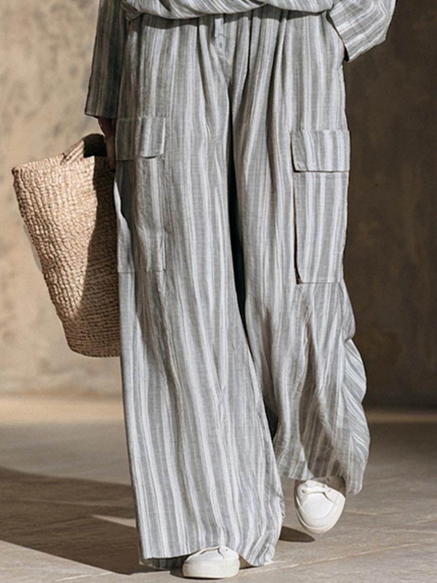 Miriam — Completo due pezzi in cotone e lino a righe grigio