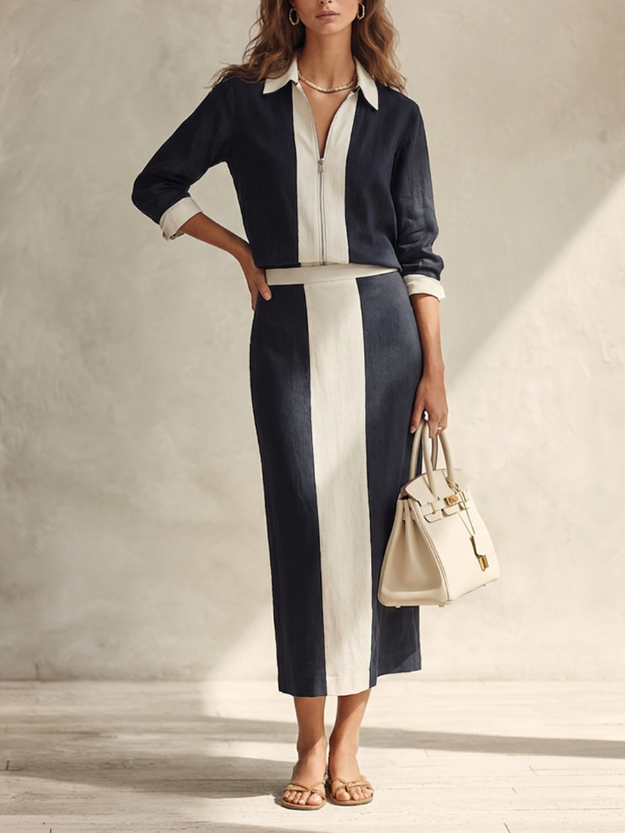 Monica — Completo due pezzi in cotone e lino a righe blu