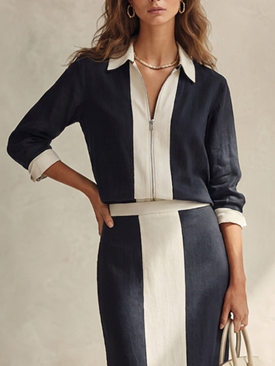Monica — Completo due pezzi in cotone e lino a righe blu