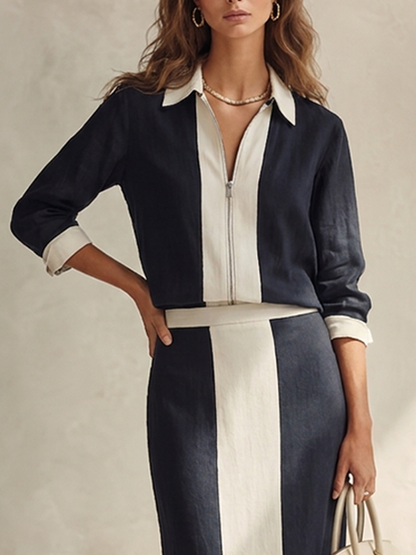 Monica — Completo due pezzi in cotone e lino a righe blu