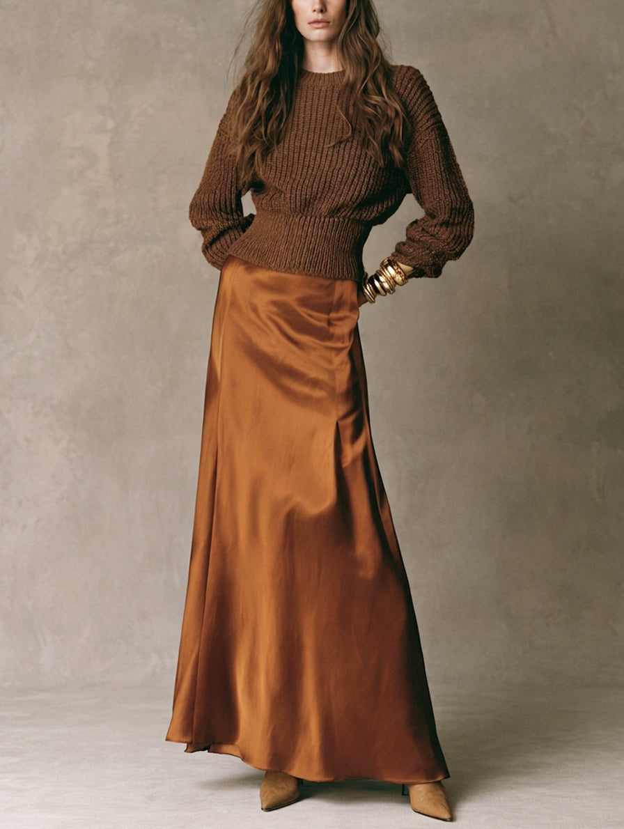 Orsola — Completo due pezzi in maglia con gonna marrone scuro e marrone chiaro