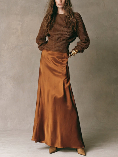 Orsola — Completo due pezzi in maglia con gonna marrone scuro e marrone chiaro