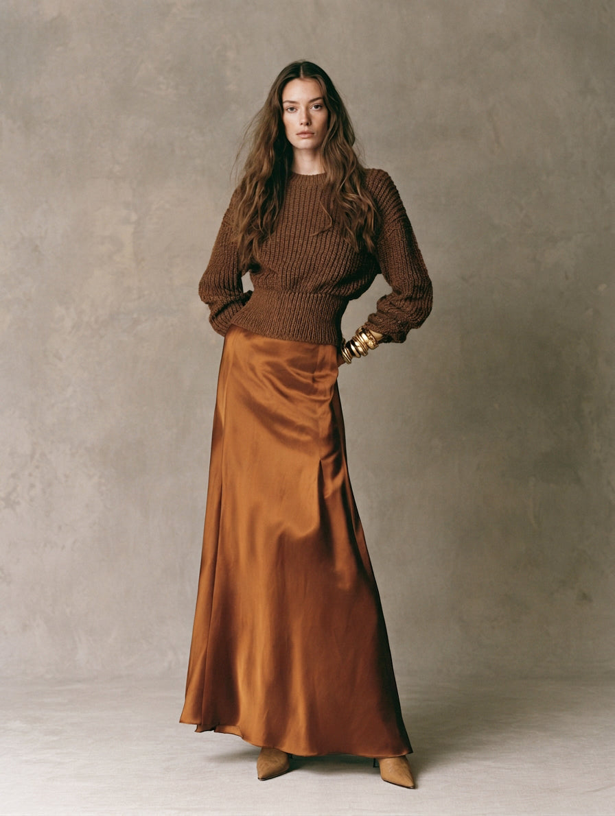 Orsola — Completo due pezzi in maglia con gonna marrone scuro e marrone chiaro