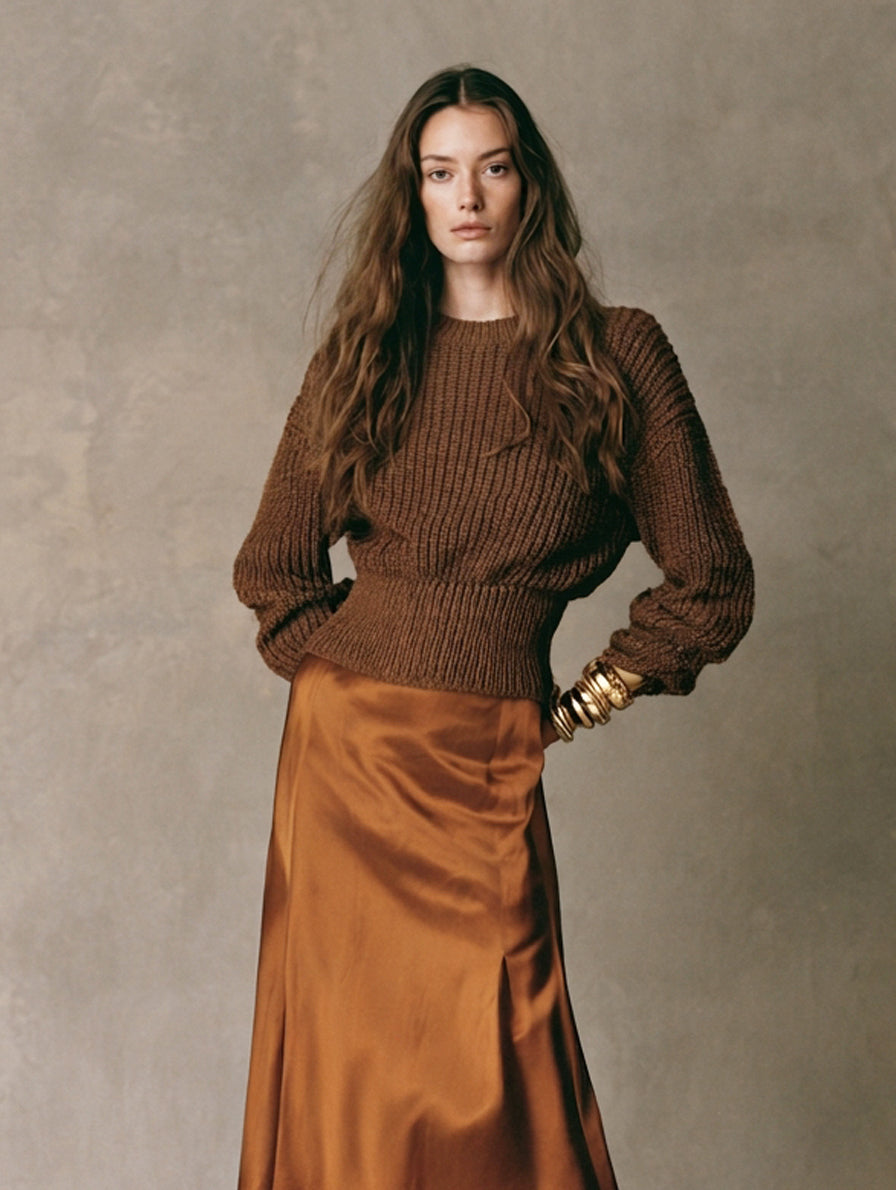 Orsola — Completo due pezzi in maglia con gonna marrone scuro e marrone chiaro
