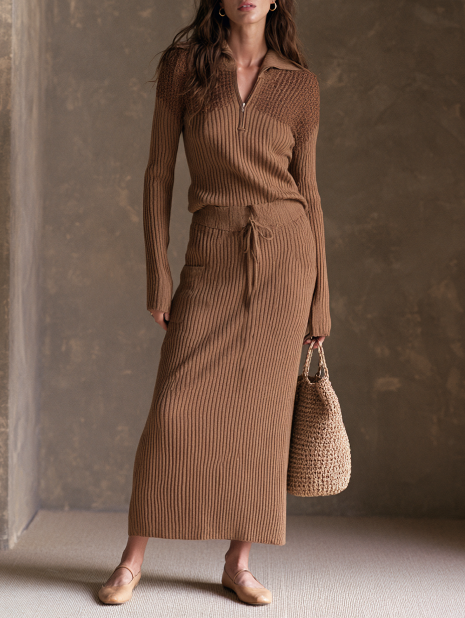Nadia — Completo due pezzi in maglia con gonna marrone