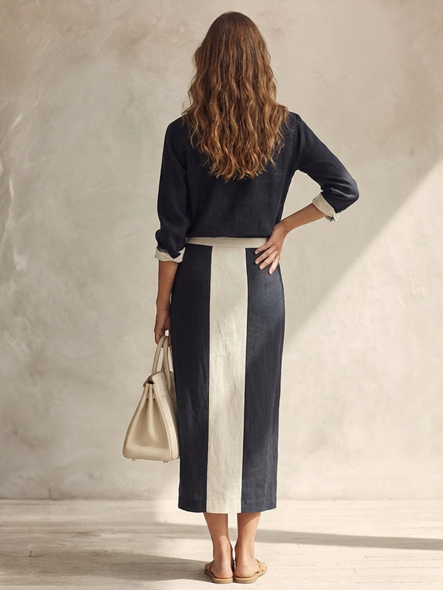 Monica — Completo due pezzi in cotone e lino a righe blu