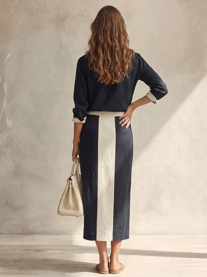 Monica — Completo due pezzi in cotone e lino a righe blu