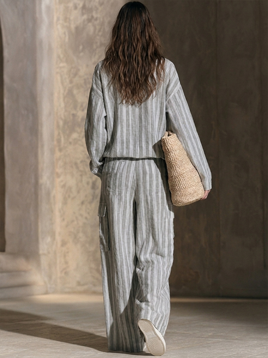 Miriam — Completo due pezzi in cotone e lino a righe grigio