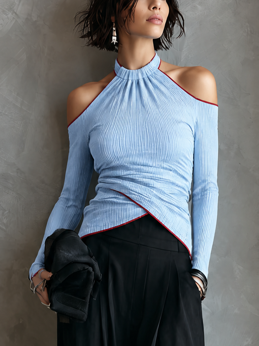 Nerina — Completo due pezzi in cotone plissettato blu