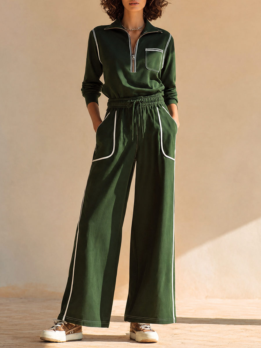 Raffaella — Completo due pezzi in cotone con pantaloni a gamba larga verde