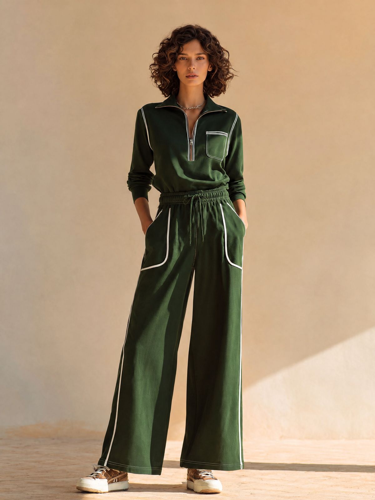 Raffaella — Completo due pezzi in cotone con pantaloni a gamba larga verde