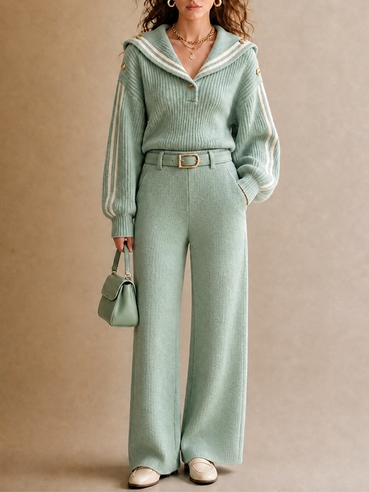 Rebecca — Completo due pezzi in maglia con pantaloni a gamba larga verde