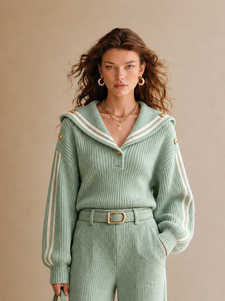 Rebecca — Completo due pezzi in maglia con pantaloni a gamba larga verde
