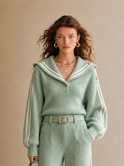 Rebecca — Completo due pezzi in maglia con pantaloni a gamba larga verde