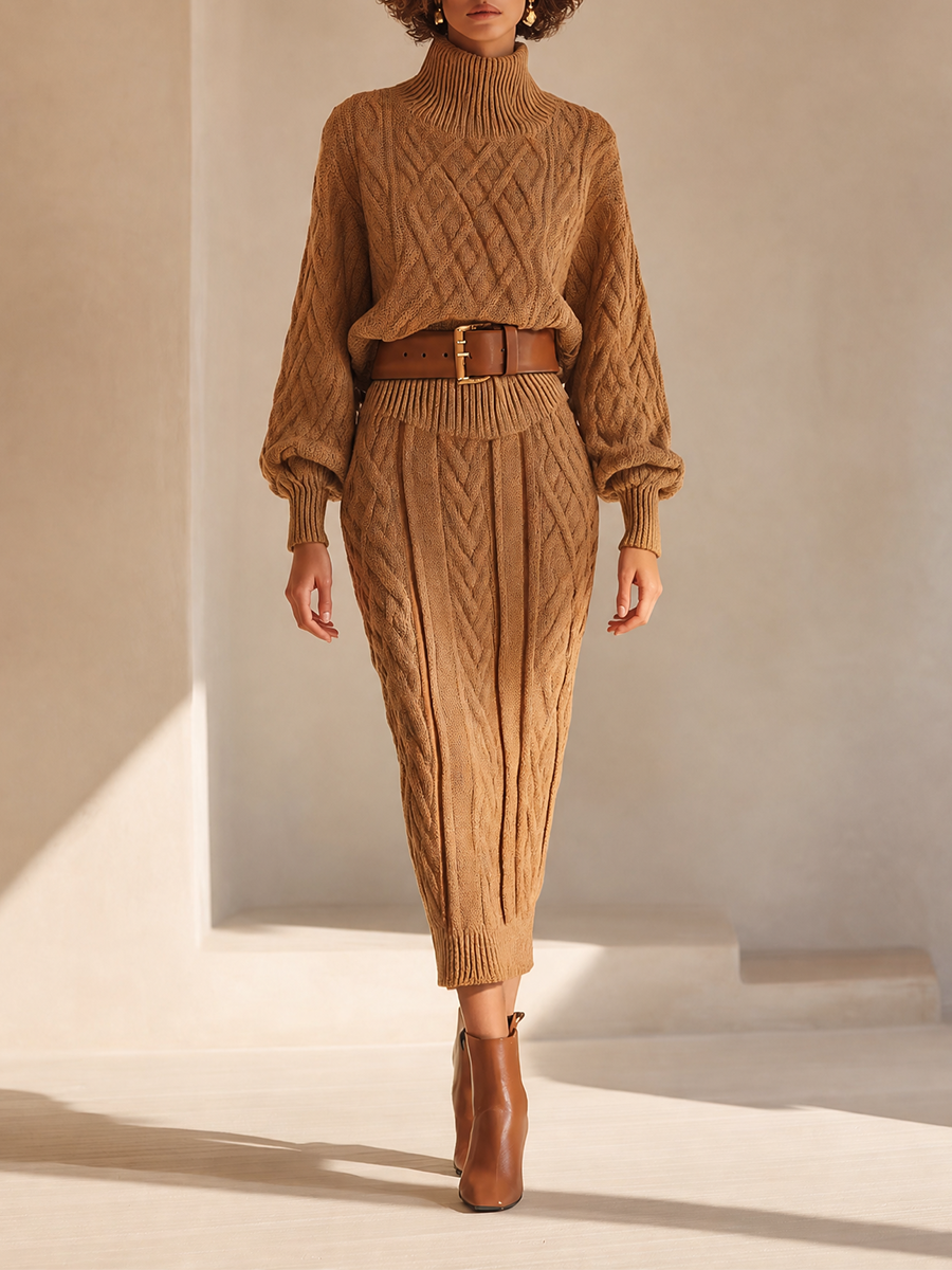Rosaria — Completo due pezzi in maglia con gonna midi marrone