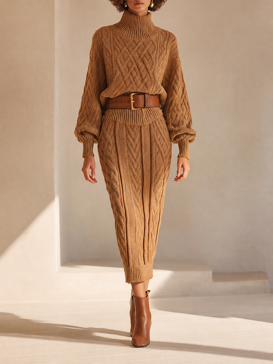 Rosaria — Completo due pezzi in maglia con gonna midi marrone